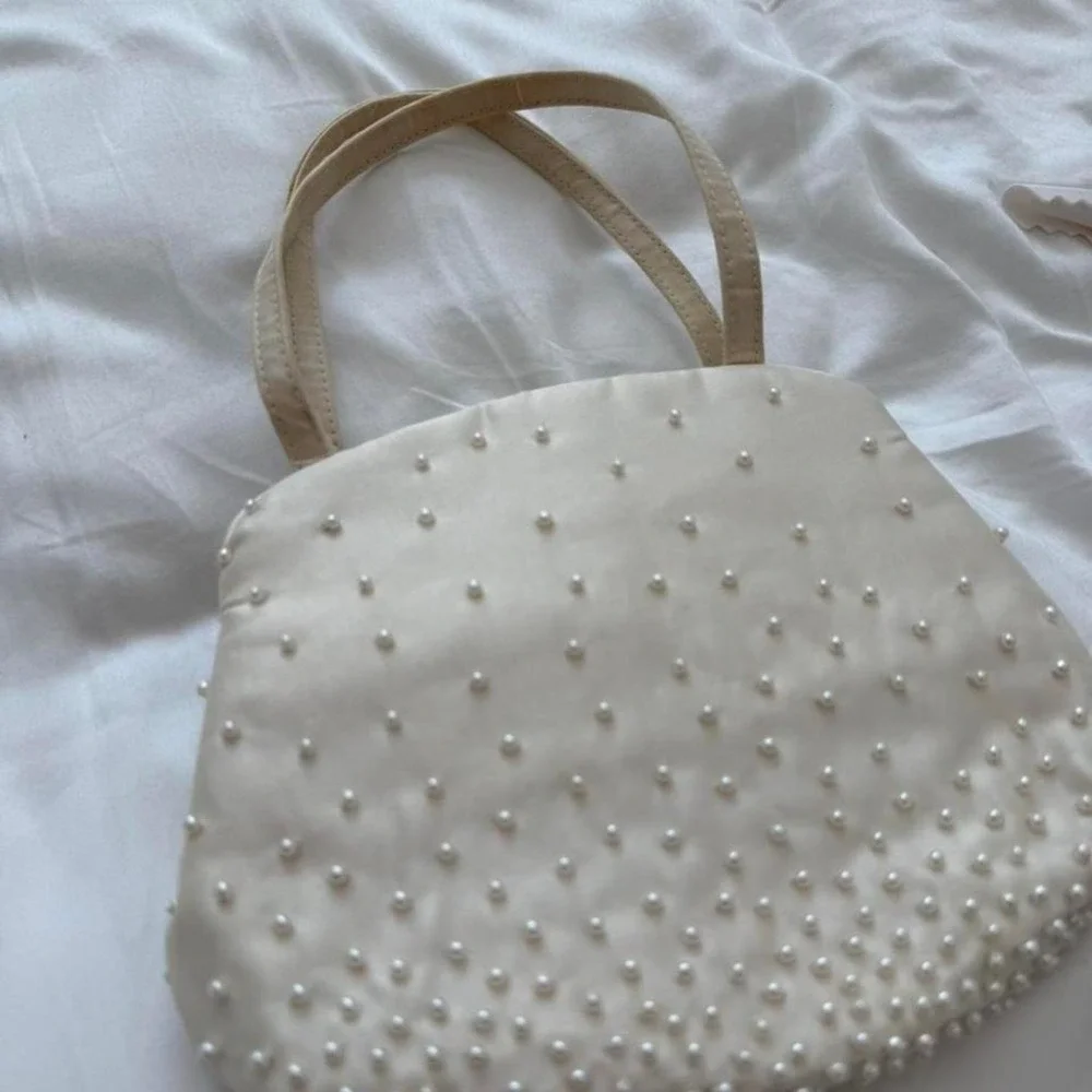 Vintage‎ Cream Pearl Studded Satin Evening Handbag